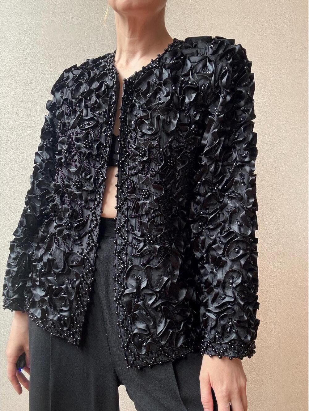 Vintage 1980s Black Silk Ribbon Beaded Jacket